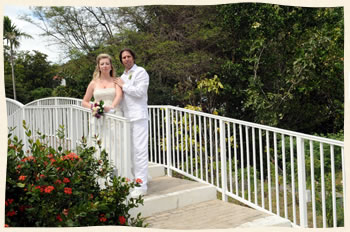 Virgin Islands wedding couple over bridge in St. Thomas.
