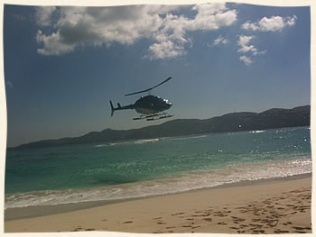 Helicopter flying in to Hans Lollick Wedding