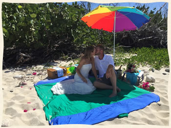 Standed on deserted island couple after helicopter left couple behind with a picnic.
