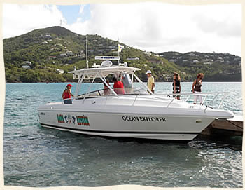 Powerboat wedding party to the dock on Hassel Island